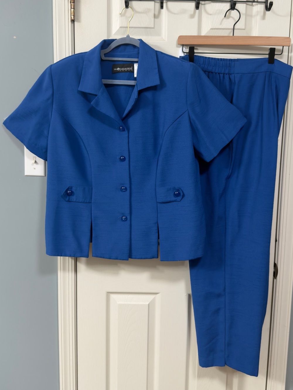 Vintage Sag Harbor Royal Blue 2-Piece Pant Short-Sleeve Suit Set Office Career